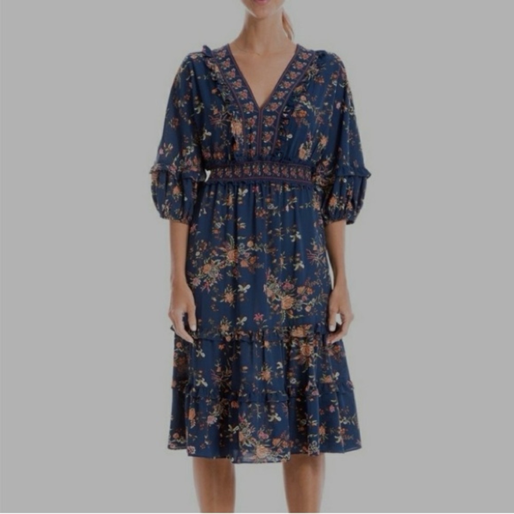 Max Studio Woven Floral Ruffle Midi Dress Blue